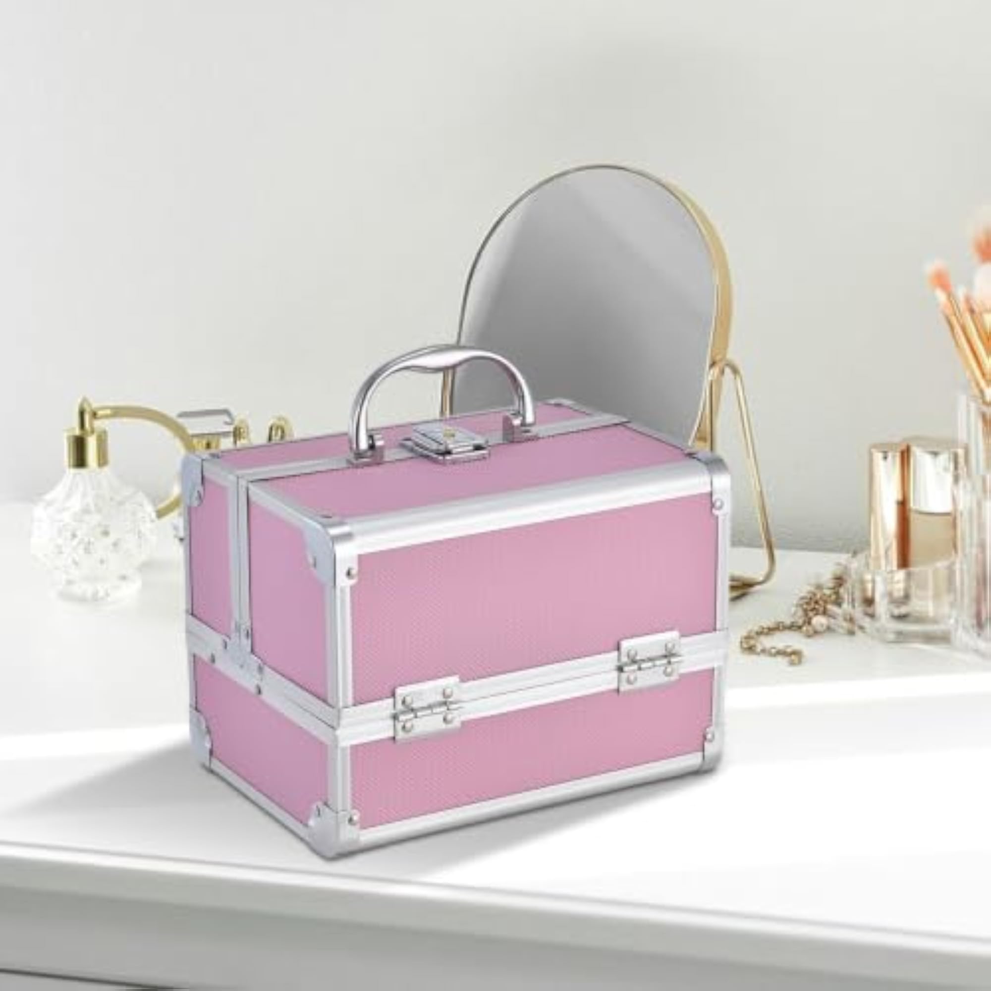 Portable Makeup Train Case with Mirror and Dividers